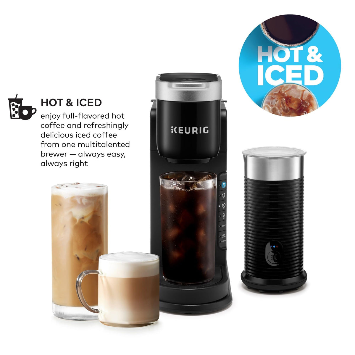 Single Serve Coffee Maker and Frother, 3 Brew Sizes, Black X101040