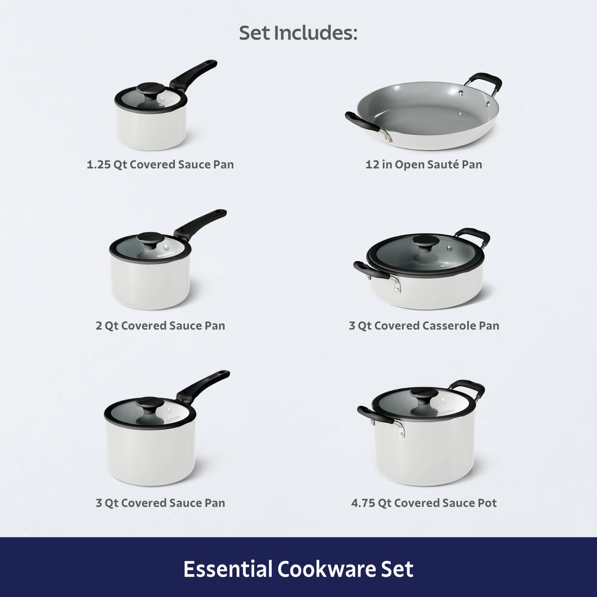 Ceramic Non Stick 11-Piece Nesting Pots and Pans Set White I882