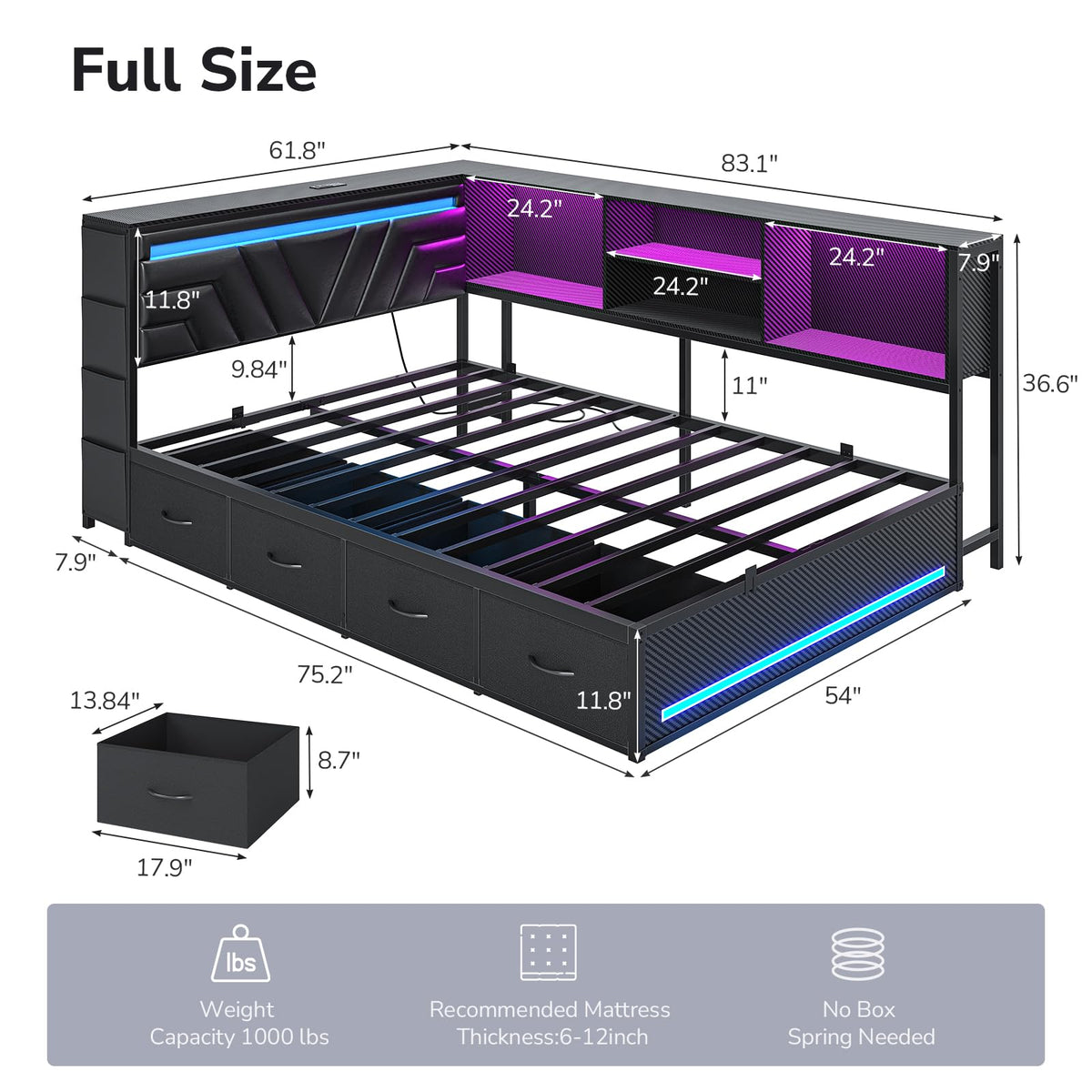 Corner Bed Frame with Storage Bookcase and 4 Drawers E289804