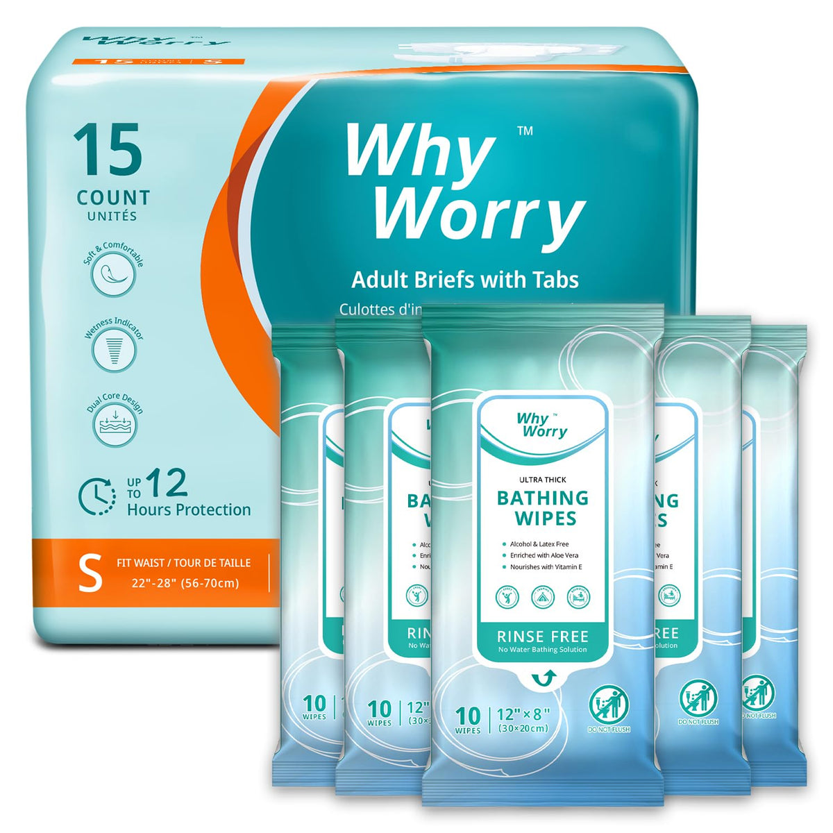 Small Adult Diapers with Tabs, 15 Count & Ultra Thick Bathing Wipes R61869