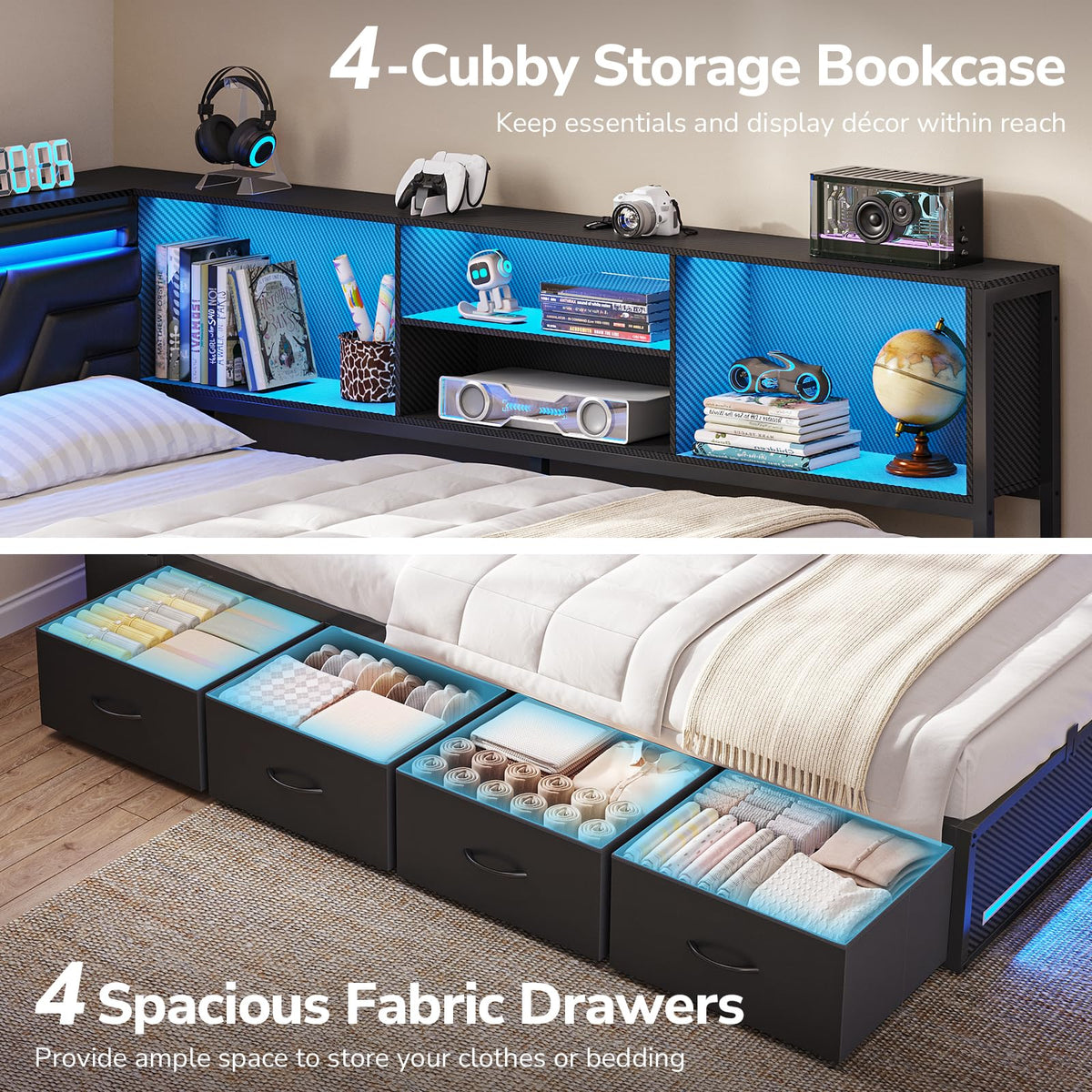 Corner Bed Frame with Storage Bookcase and 4 Drawers E289804