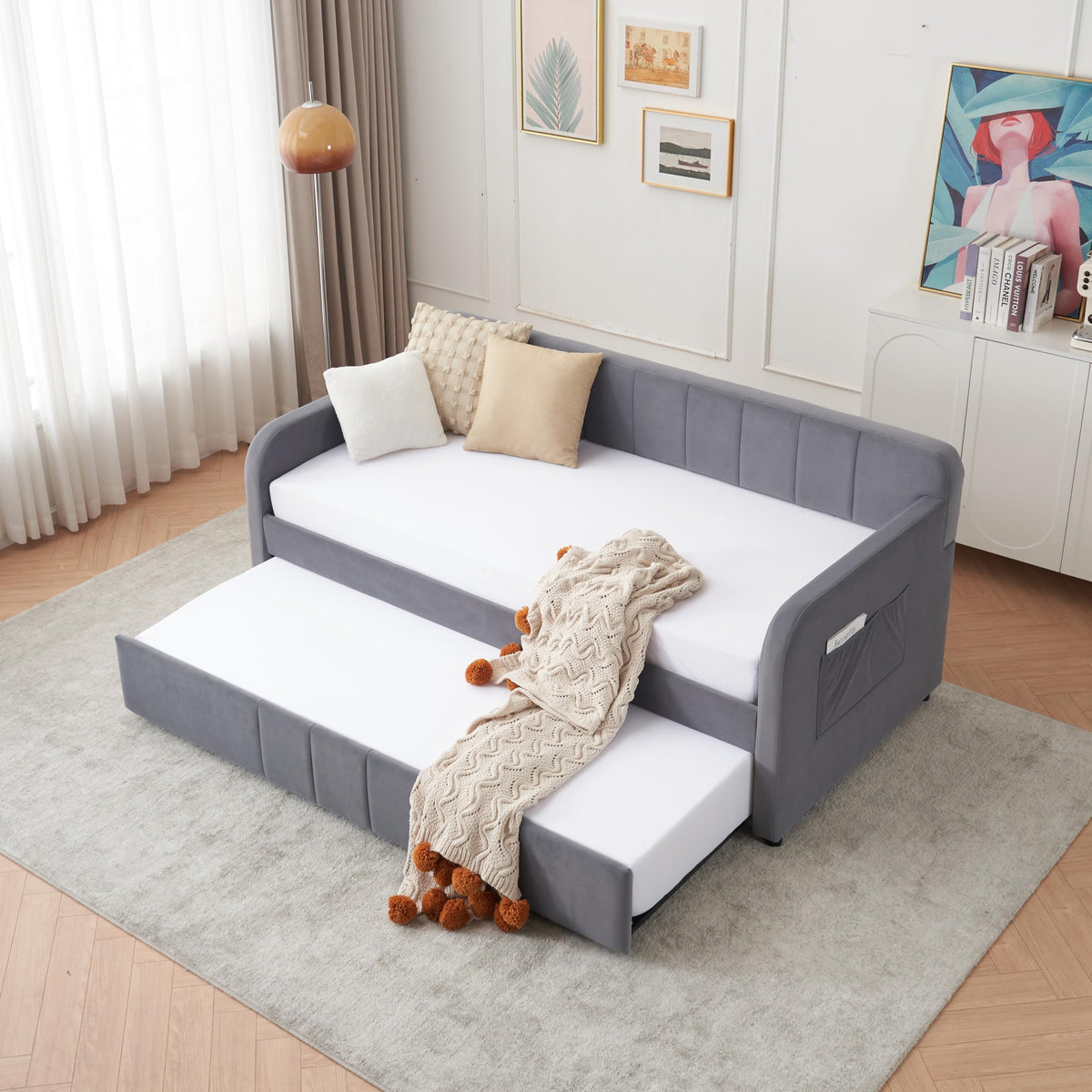 Twin Size Upholstered Daybed with Trundle, Linen Fabric Guest Bed (Gray) O9673