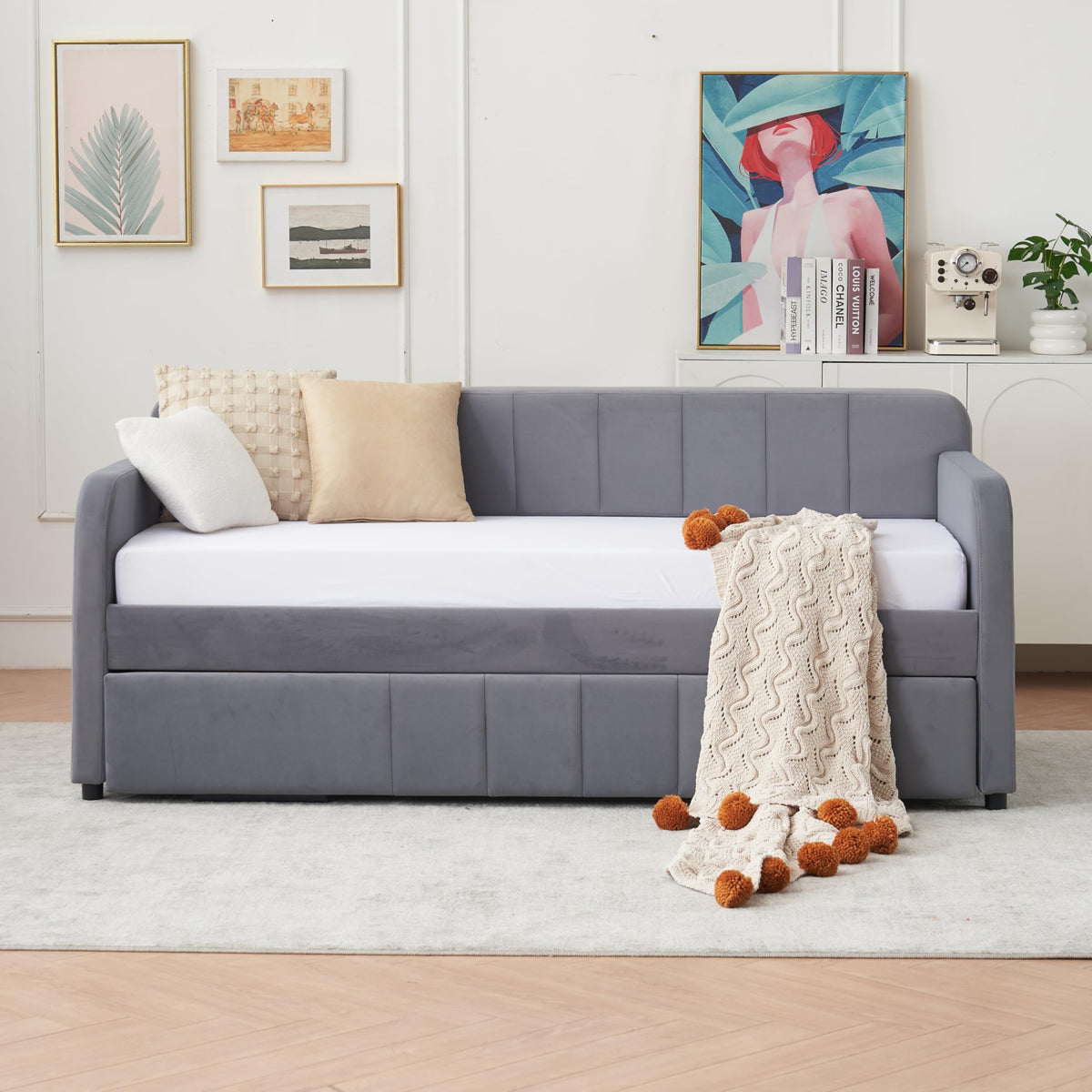 Twin Size Upholstered Daybed with Trundle, Linen Fabric Guest Bed (Gray) O9673