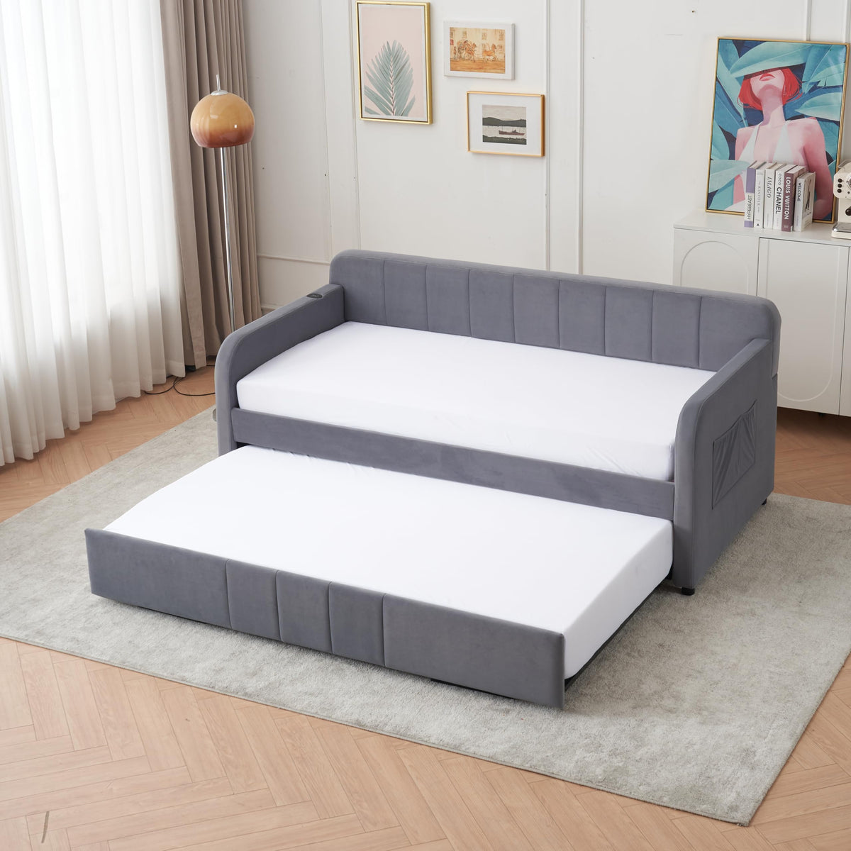 Twin Size Upholstered Daybed with Trundle, Linen Fabric Guest Bed (Gray) O9673