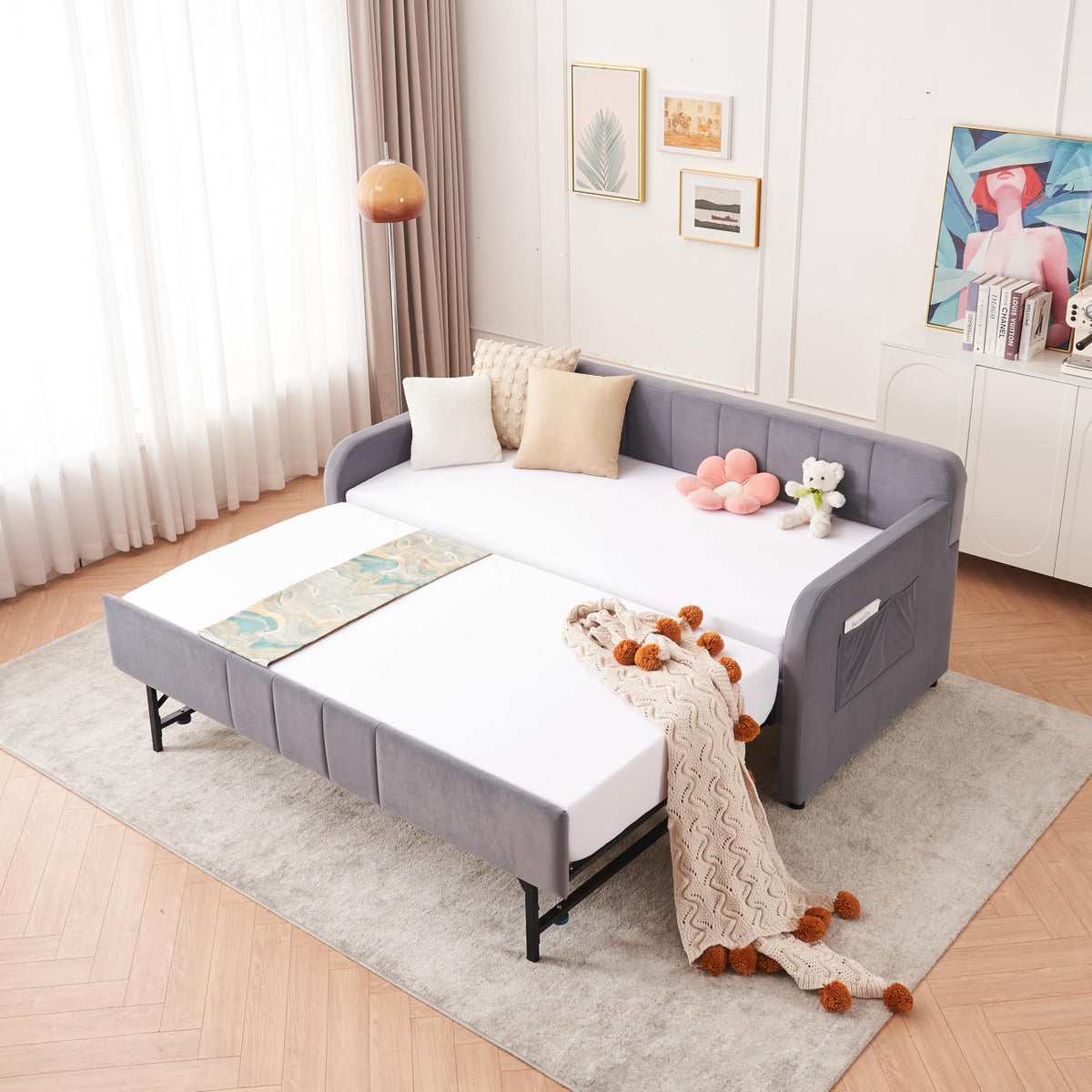 Twin Size Upholstered Daybed with Trundle, Linen Fabric Guest Bed (Gray) O9673