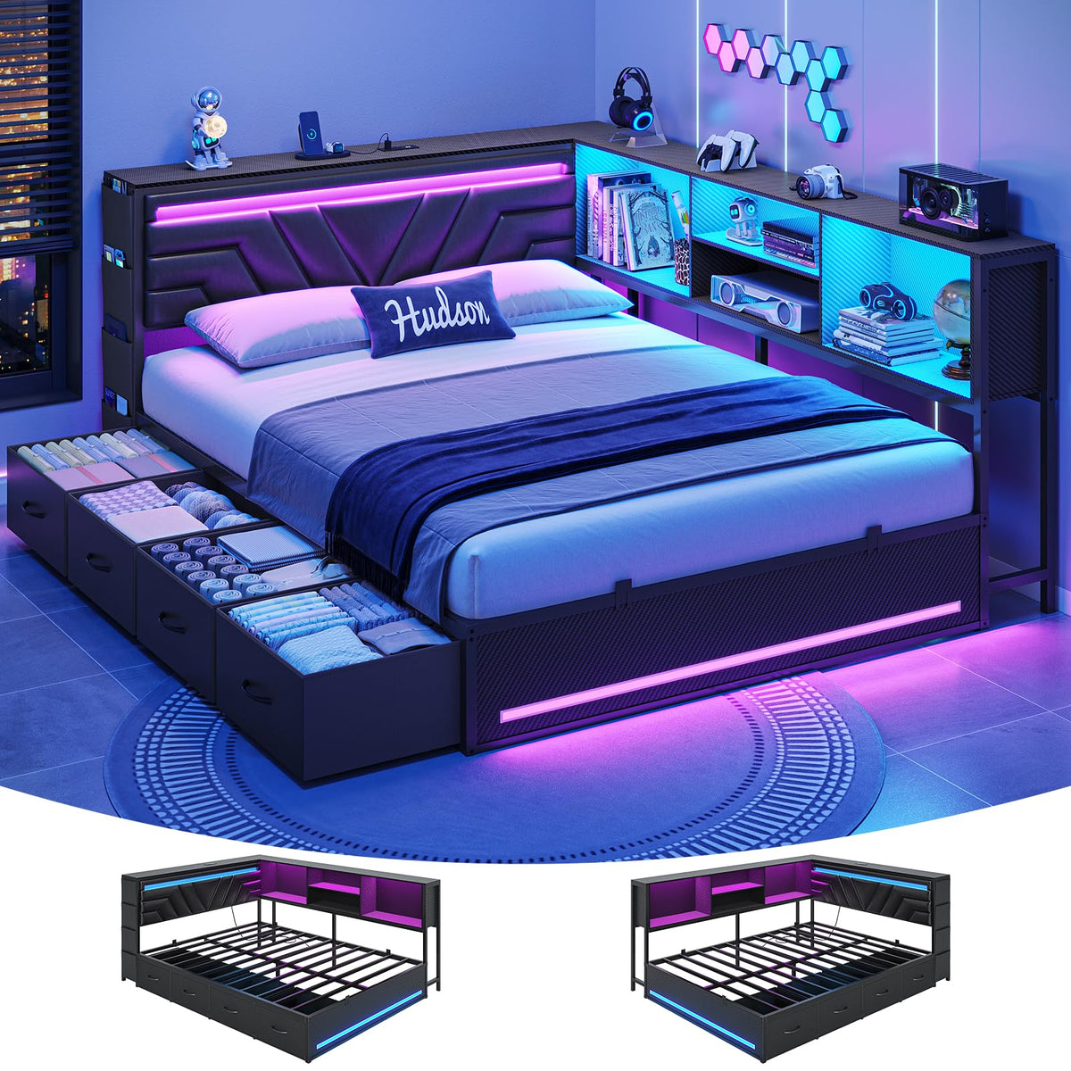 Corner Bed Frame with Storage Bookcase and 4 Drawers E289804